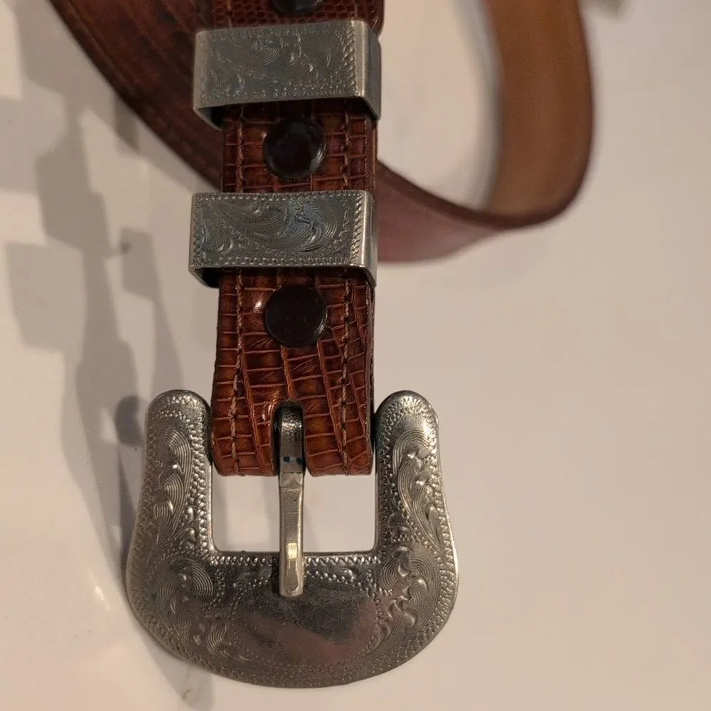 Justin Genuine Lizard Brown Belt With Hand Engraved Silver Buckle & Tip Size 28